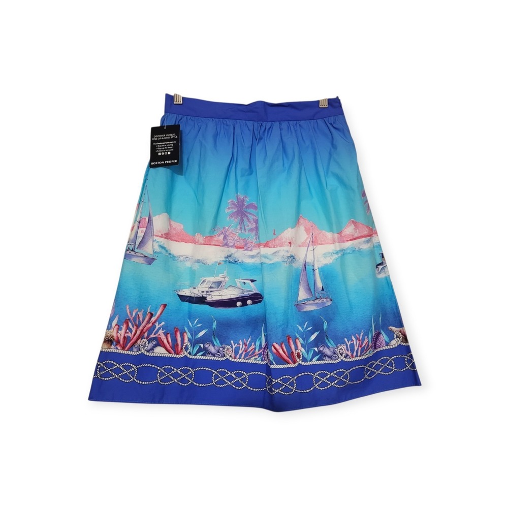 Boston Proper 4 S NWT Cotton Poplin Skirt Seascape Yacht Sailboat Novelty Preppy - Picture 5 of 6
